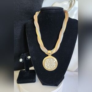 Tricolor Twist Mesh Necklace with Greek Key CZ Pendant and Earrings Set